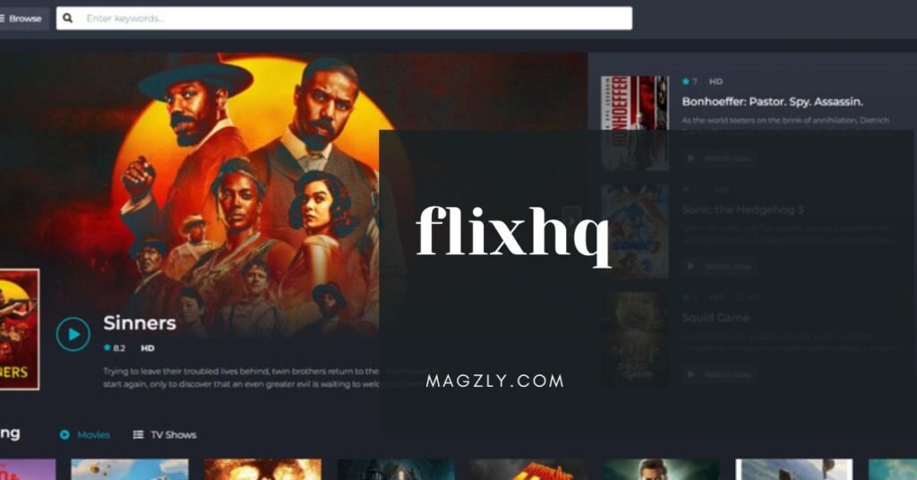 "FlixHQ homepage showcasing a variety of movie thumbnails." "User interface of FlixHQ displaying a movie's streaming page." "FlixHQ content categories including genres like action, comedy, and drama."